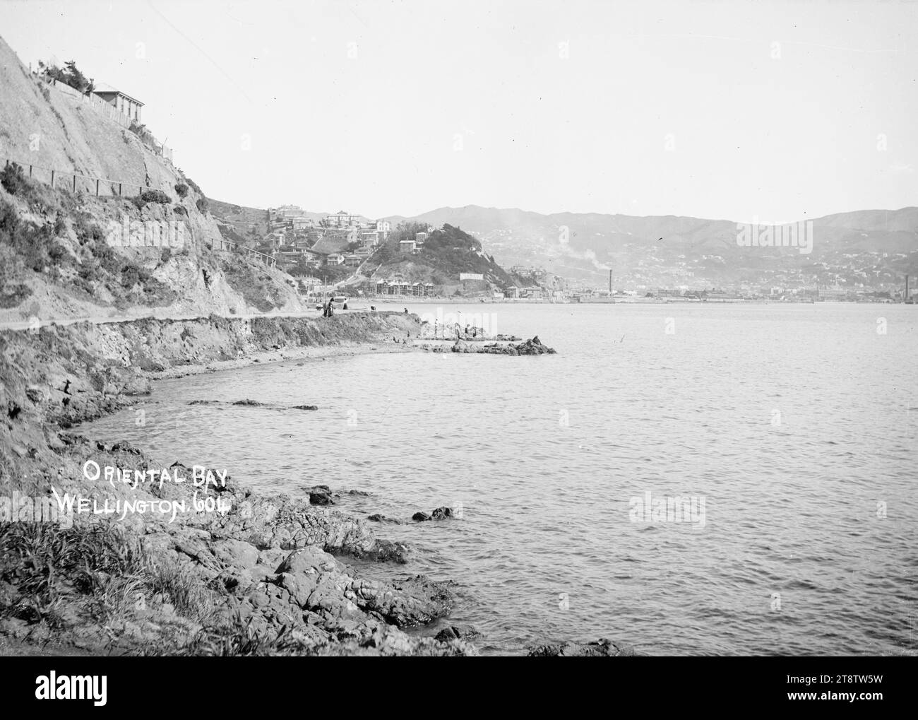 Oriental Bay, Wellington, New Zealand, View taken from Oriental Parade with Carlton Gore Road on the left and Lambton Harbour on the right, looking towards the city area and hill suburbs in the distance. Children are standing on the rocky foreshore in the middle distance. A house overlooking Oriental Bay (on Carlton Gore Road) is visible in the top left. Houses under construction on Oriental Parade can be seen in the distance. A large sign advertising `Nelson Teas ?' can be seen on the hillside in the middle distance near the houses under construction. Stock Photo
